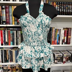 Grace Karin Teal and White Floral Halter Top NWT
